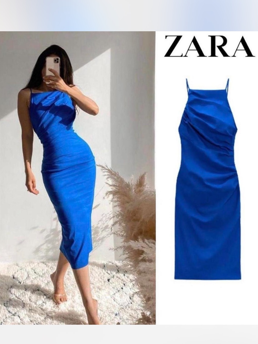 ZARA royal blue high neck body con midi dress size large cobalt blue